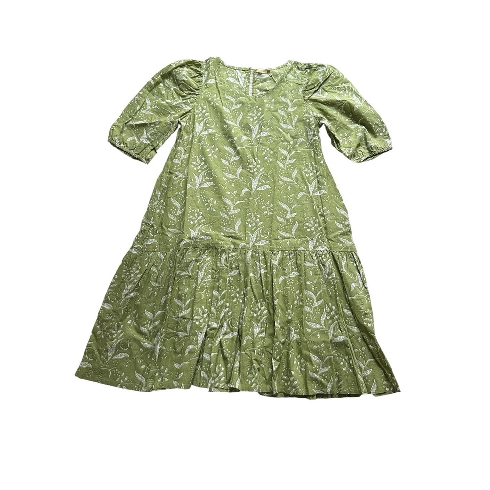 MATTA NWT Dress XS‎ Green Block Print Cotton Puff Sleeve Made In India Boho